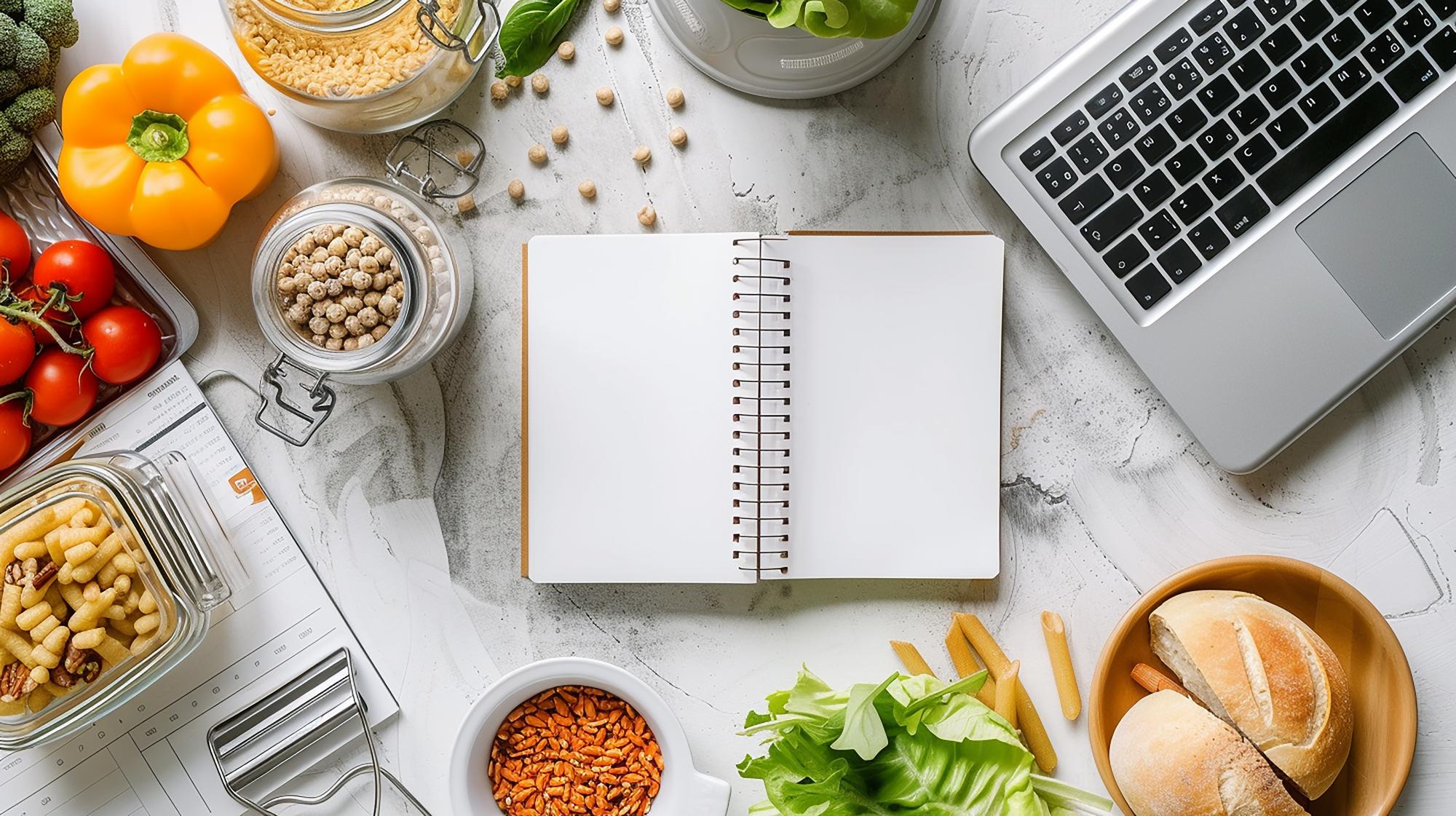 Flat lay of recipe notebook and laptop